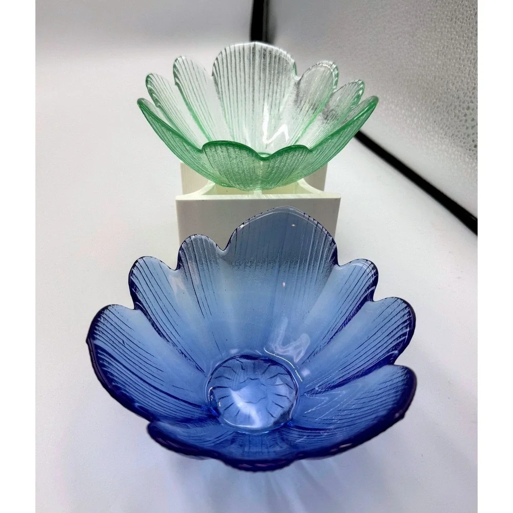 Vintage Style Textured Glass Flower Petal Bowls Set Cobalt Blue Seafoam Green
